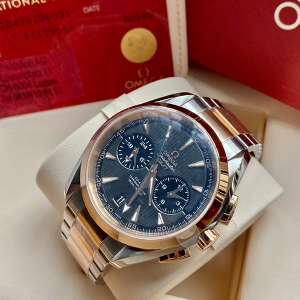 欧米茄海马18k间金at9605同轴计时机芯灰面熊猫眼表径43mm原膜未撕工